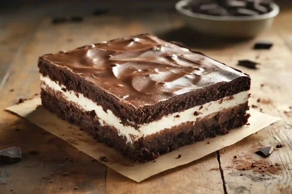 Chilled brownie refrigerator cake recipe with layers of pudding and cream