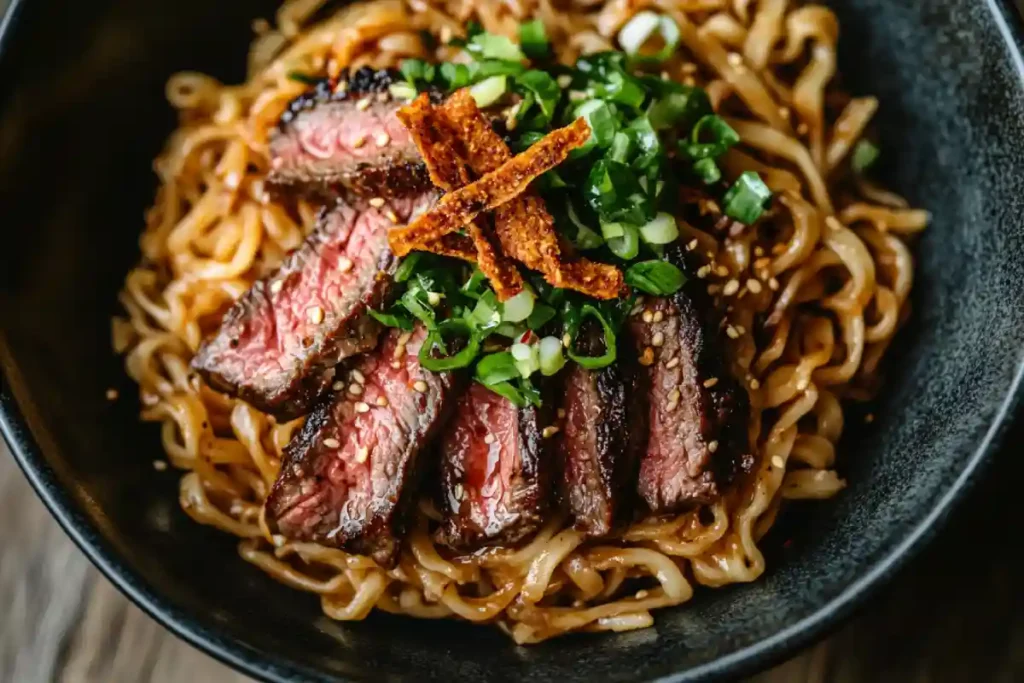 garlic butter steak lightning noodles recipe in bowl