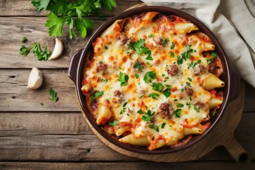 Beef stuffed shells with creamy ricotta filling in a baked casserole
