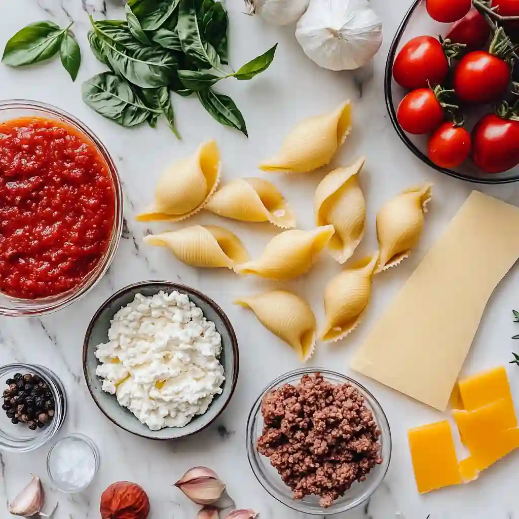 Ingredients for beef stuffed shells with creamy ricotta