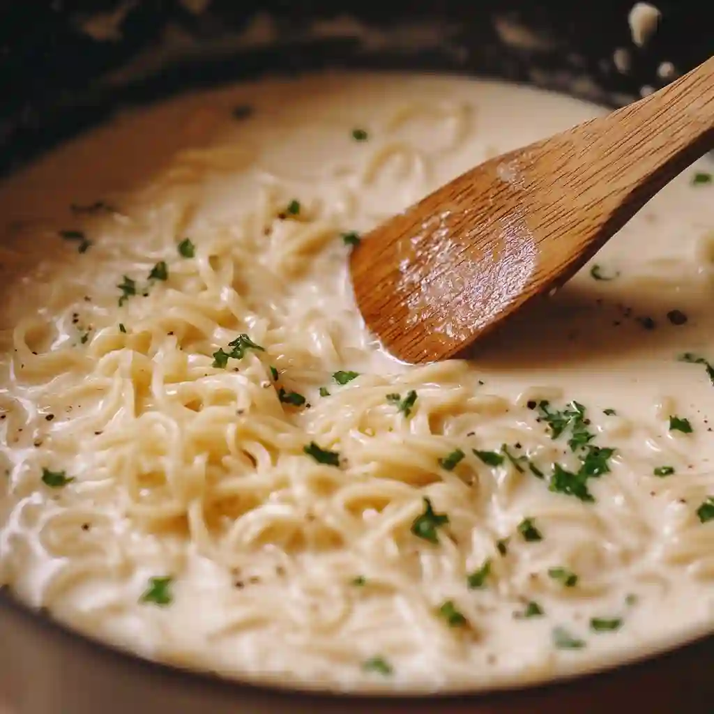 Cooking ramen in creamy garlic broth