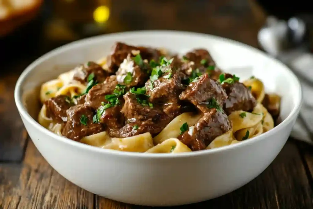 creamy beef and garlic butter pasta in white ceramic bowl