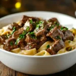 creamy beef and garlic butter pasta in white ceramic bowl