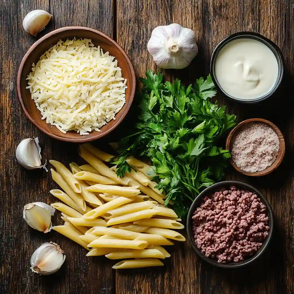 creamy beef and garlic butter pasta ingredients flat lay