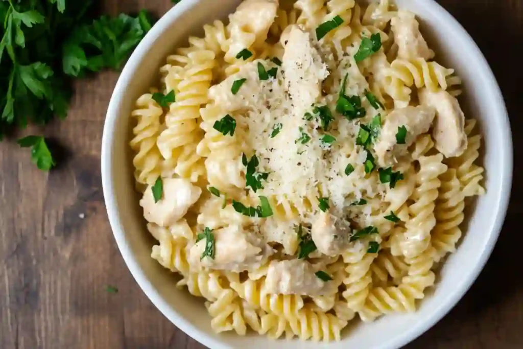 creamy garlic butter chicken and rotini in parmesan sauce