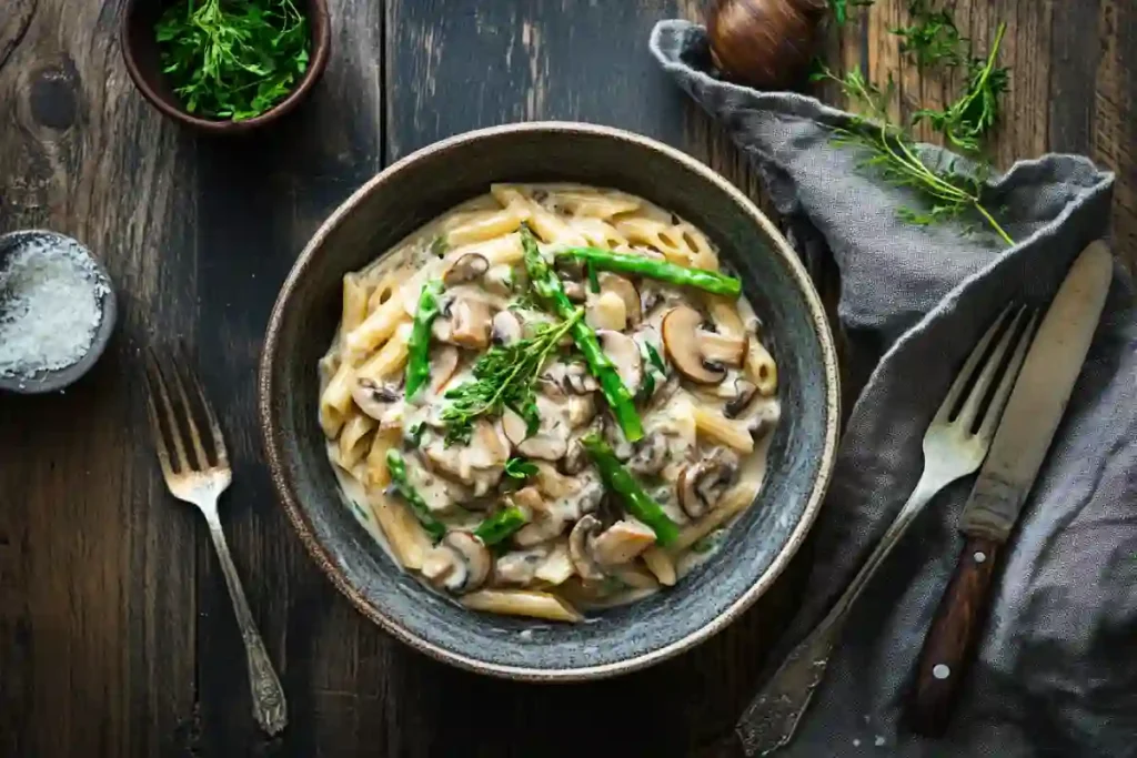 creamy mushroom and asparagus chicken penne served hot