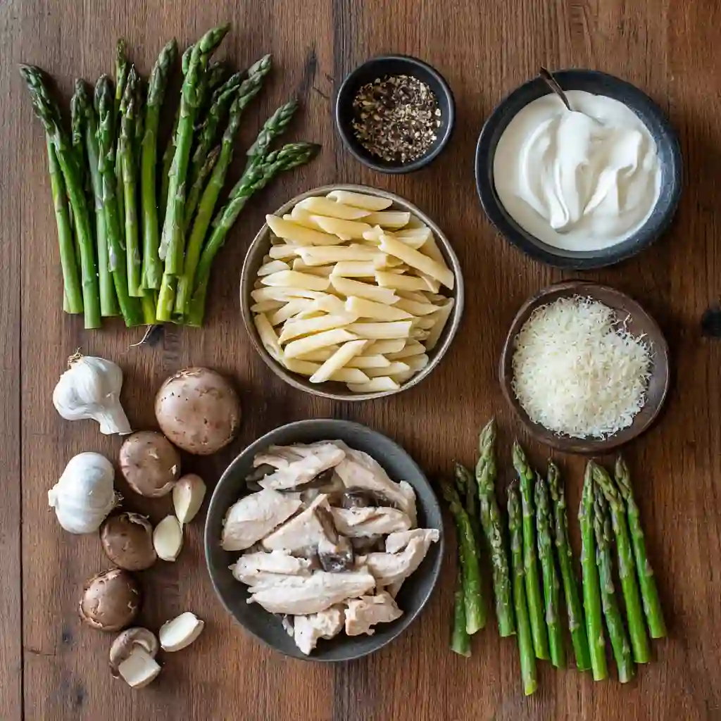 raw ingredients for creamy mushroom and asparagus chicken penne