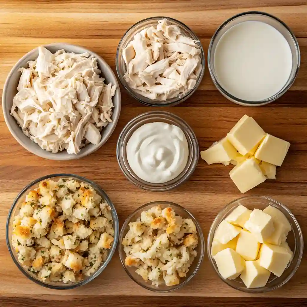 Ingredients for Dolly’s chicken and stuffing casserole