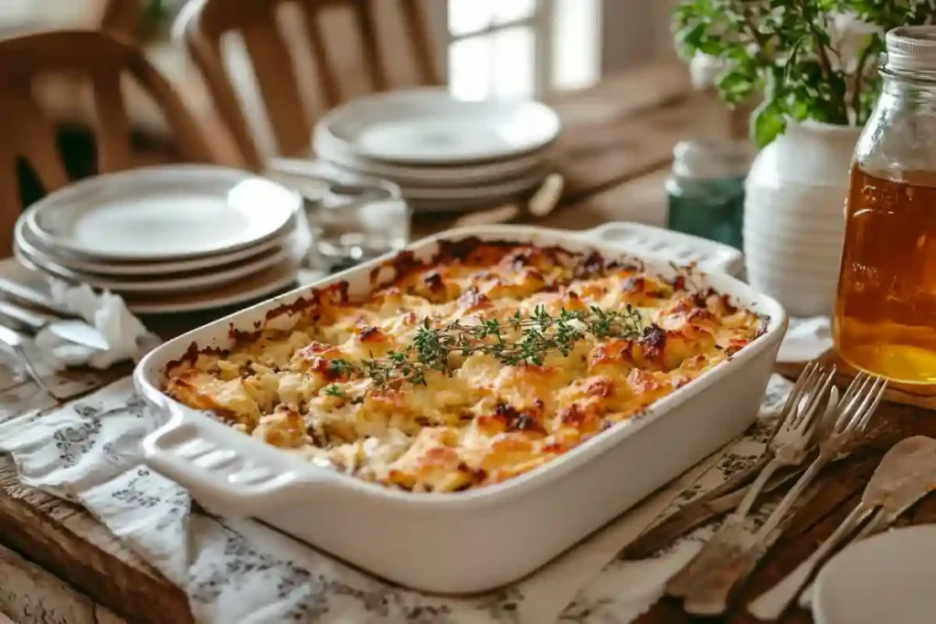 Dolly's chicken and stuffing casserole fresh from the oven