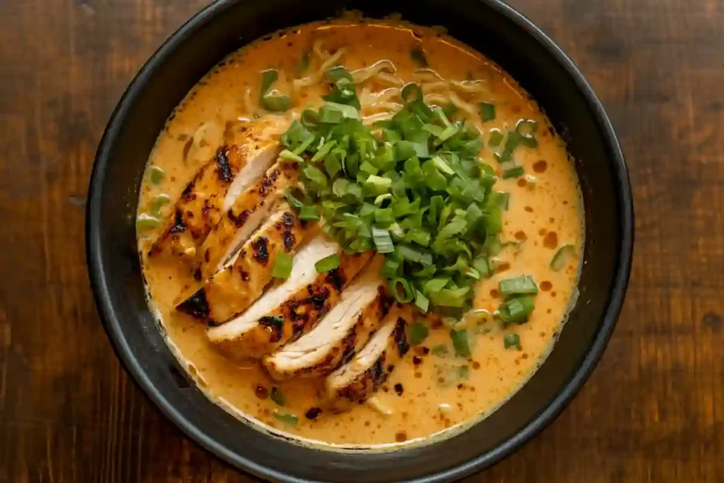Fiery chicken ramen with creamy garlic sauce