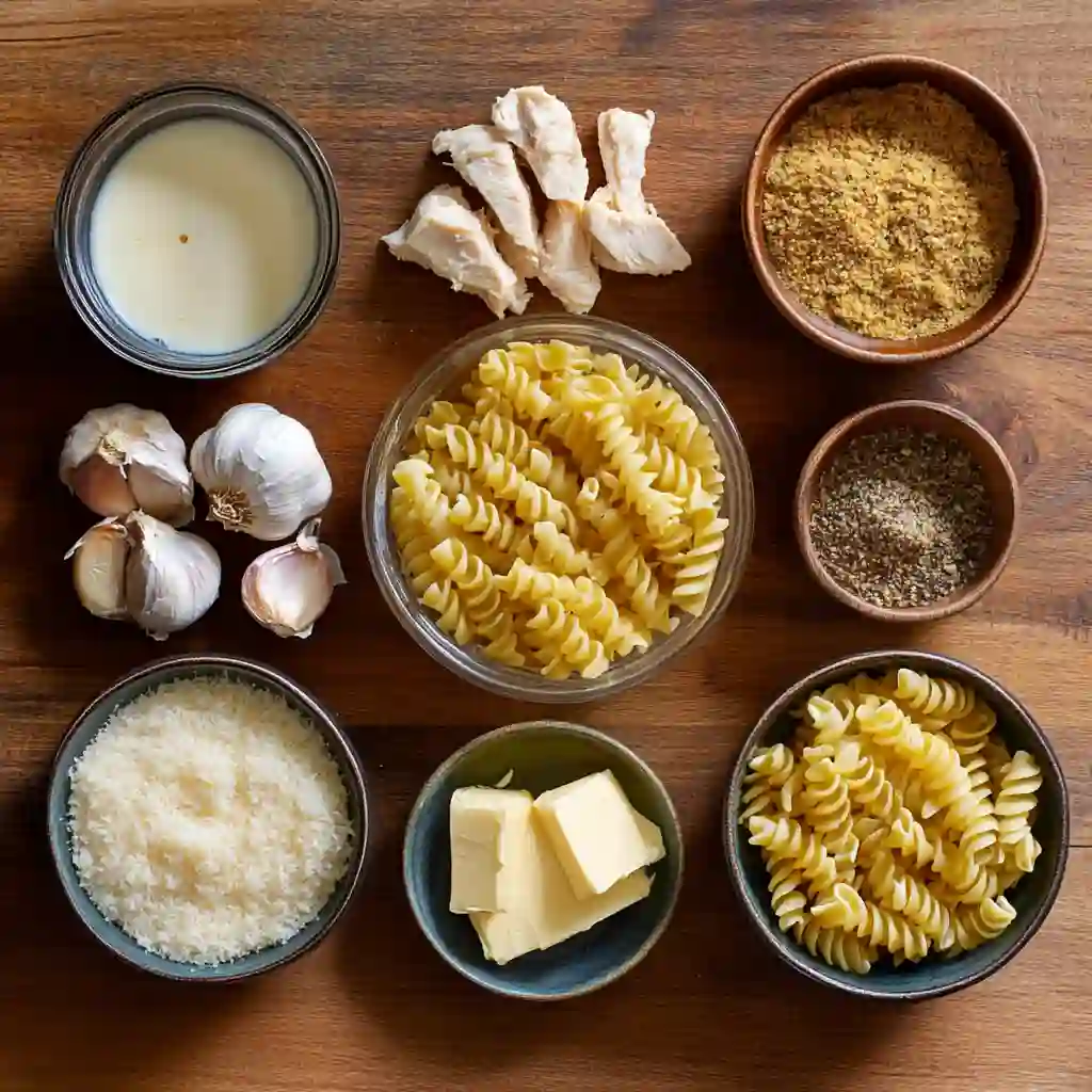 ingredients for creamy garlic butter chicken and rotini