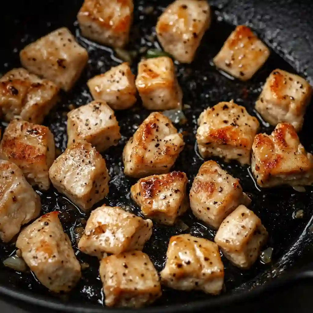 chicken searing in garlic butter for creamy pasta