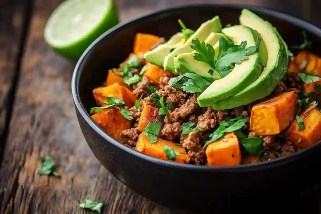 ground beef sweet potato bowl on rustic table