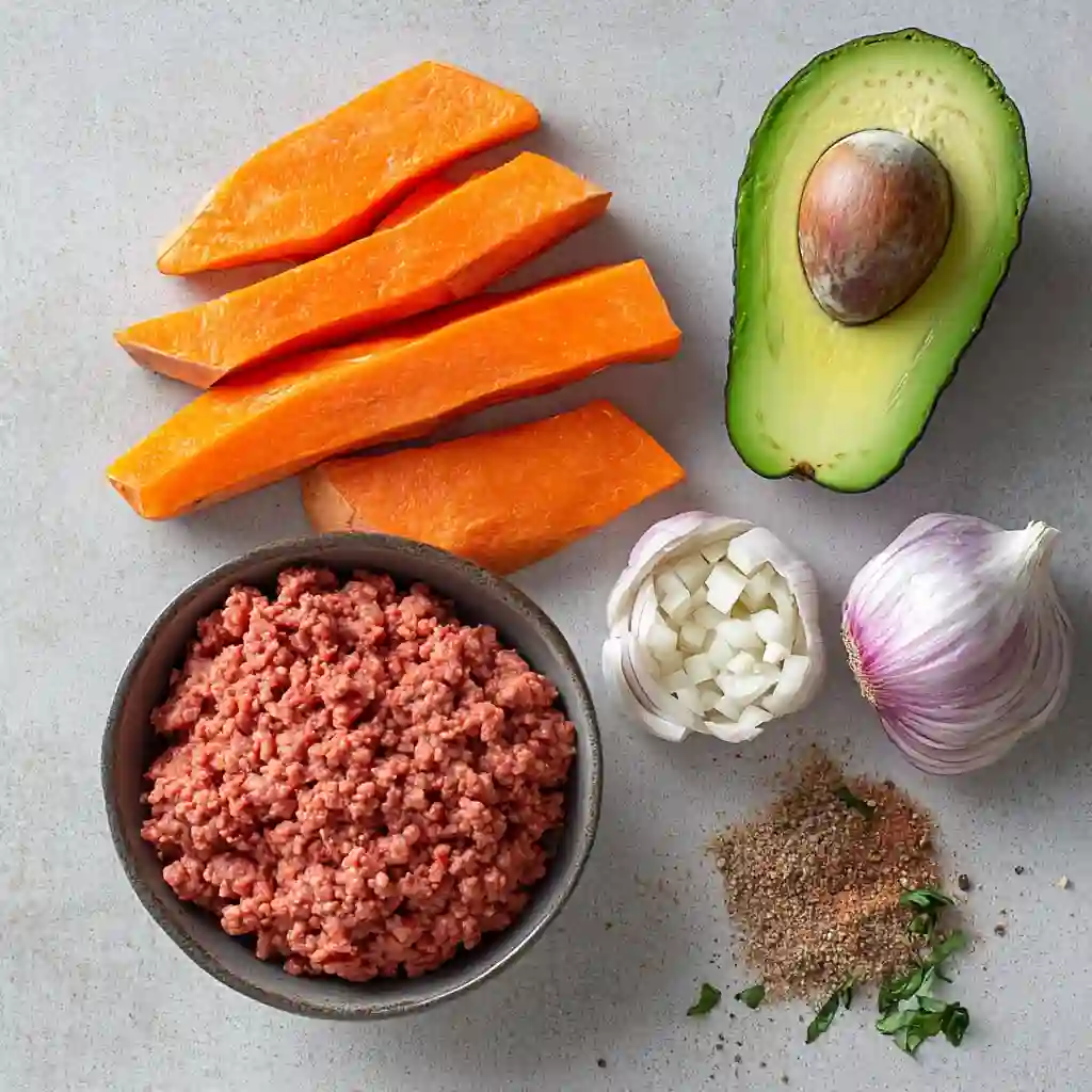 ingredients for ground beef sweet potato bowl