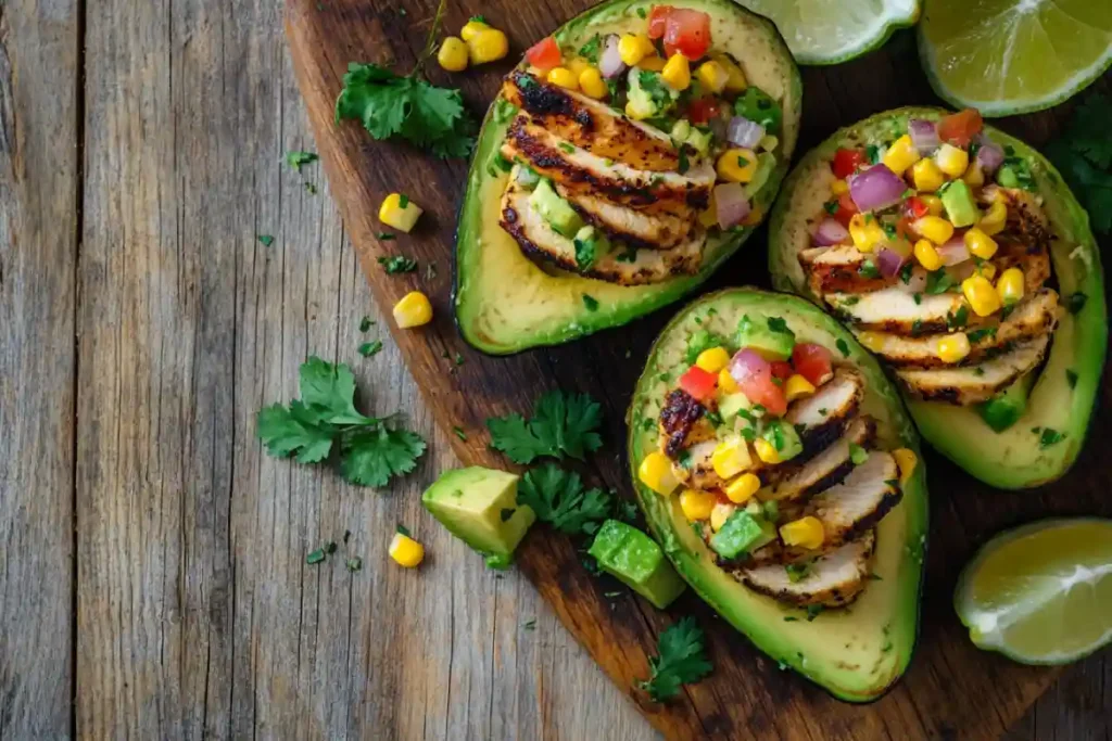 Honey Lime Chicken Stuffed Avocados with Corn Salsa