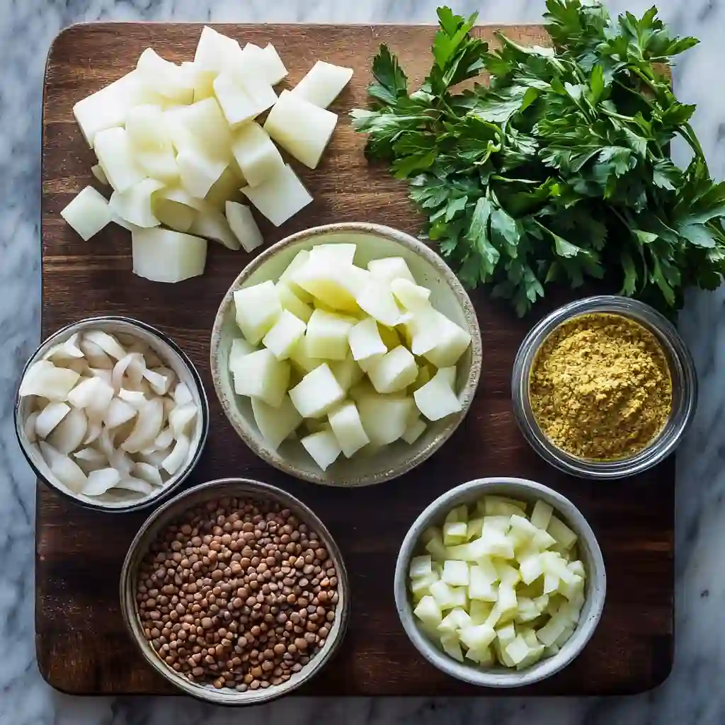 Ingredients for lentil-celeriac skillet sauce