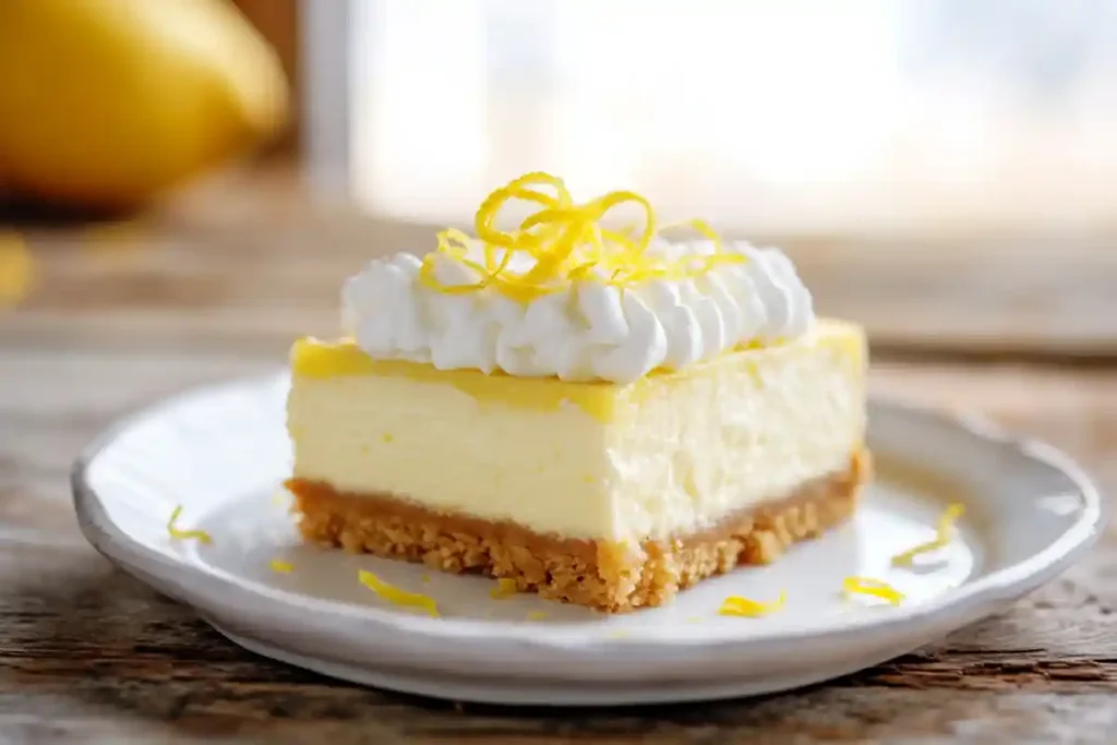 No bake lemon bar cheesecake with whipped topping and lemon zest