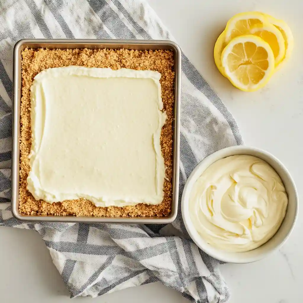 Making crust and filling for no bake lemon bar cheesecake