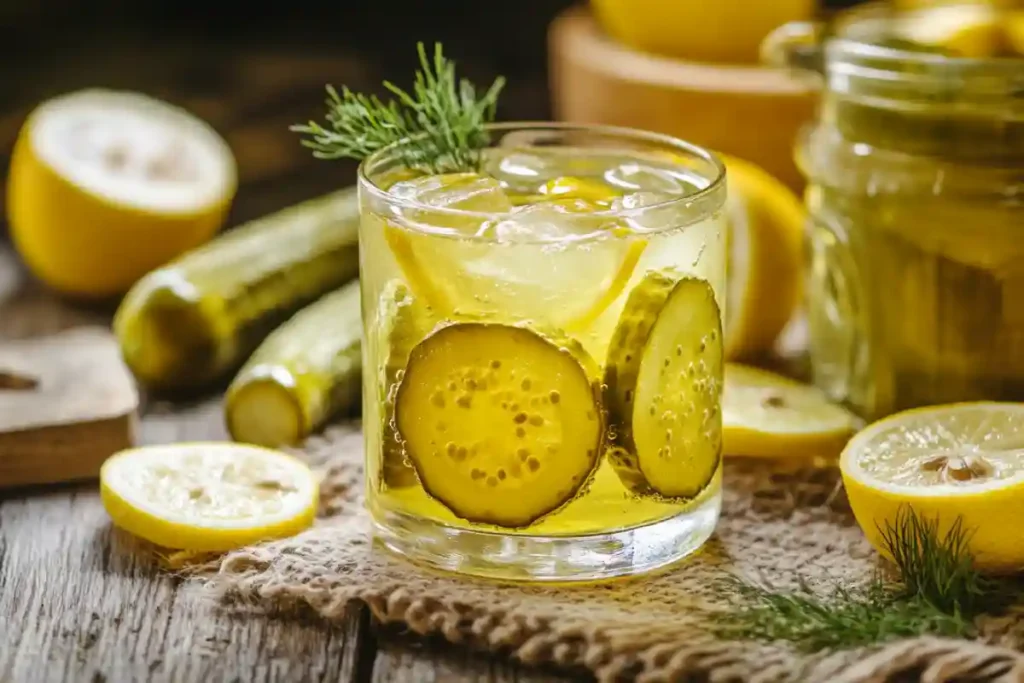 Pickle lemonade glass with lemon and pickle garnish