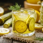 Pickle lemonade glass with lemon and pickle garnish