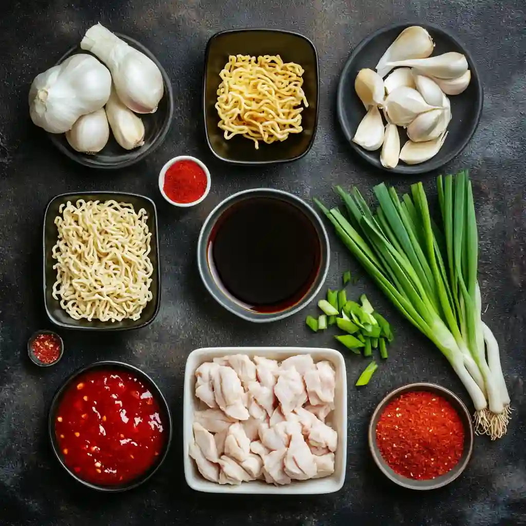 Ingredients for fiery chicken ramen with creamy garlic sauce