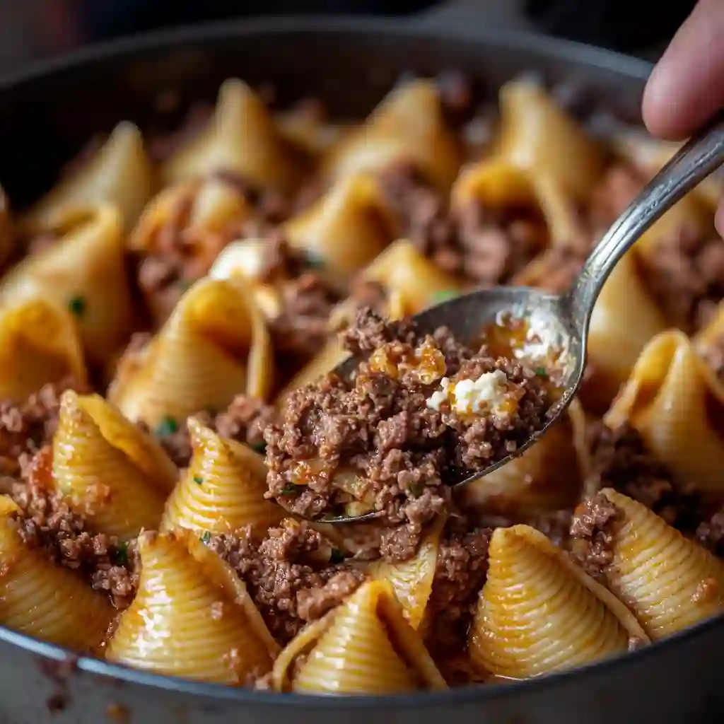 Filling pasta shells with beef and ricotta mixture