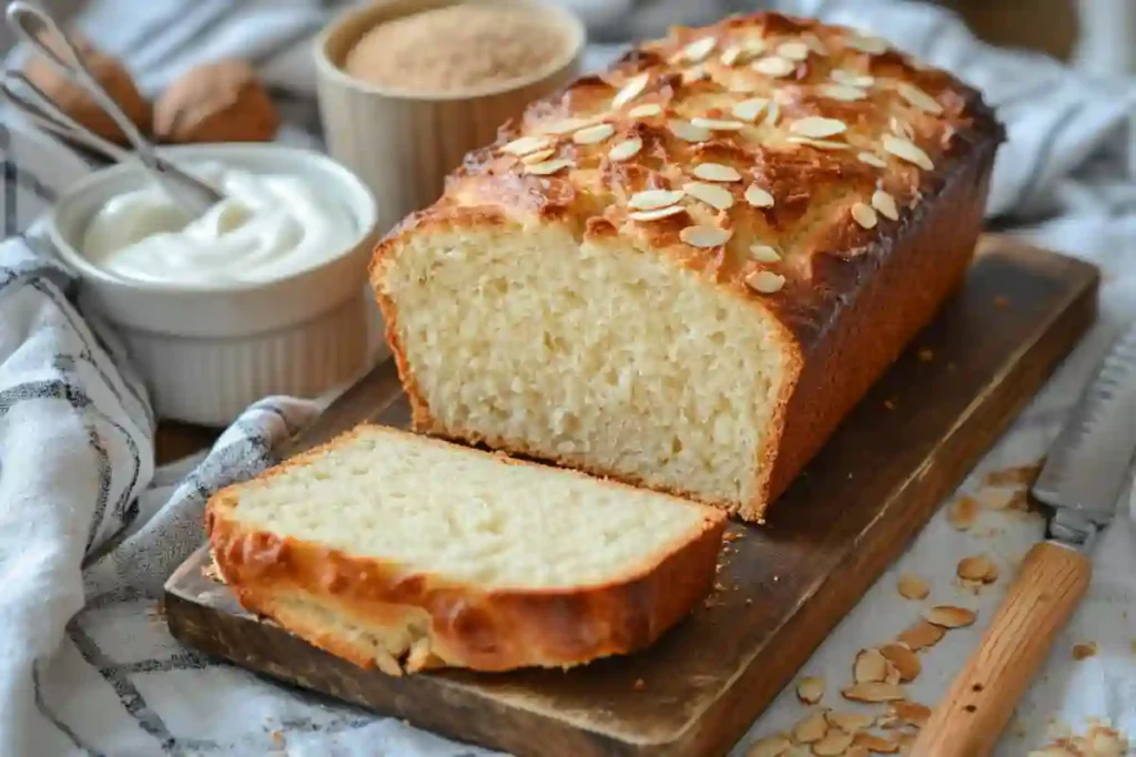 Zero carb yogurt bread sliced fresh with yogurt and almond flour