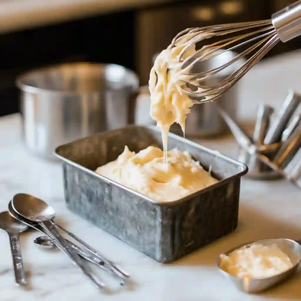 Pouring zero carb yogurt bread batter into loaf pan